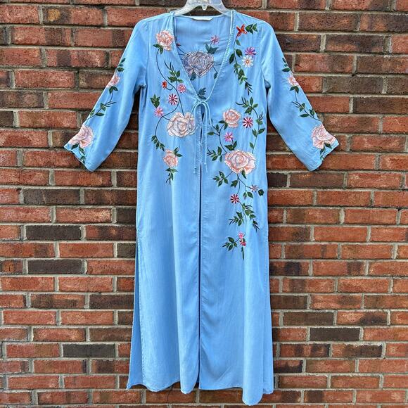 Zara Trafaluc Denimwear Floral Embroidered Kimono Light Denim Button Tie Small - Picture 6 of 16